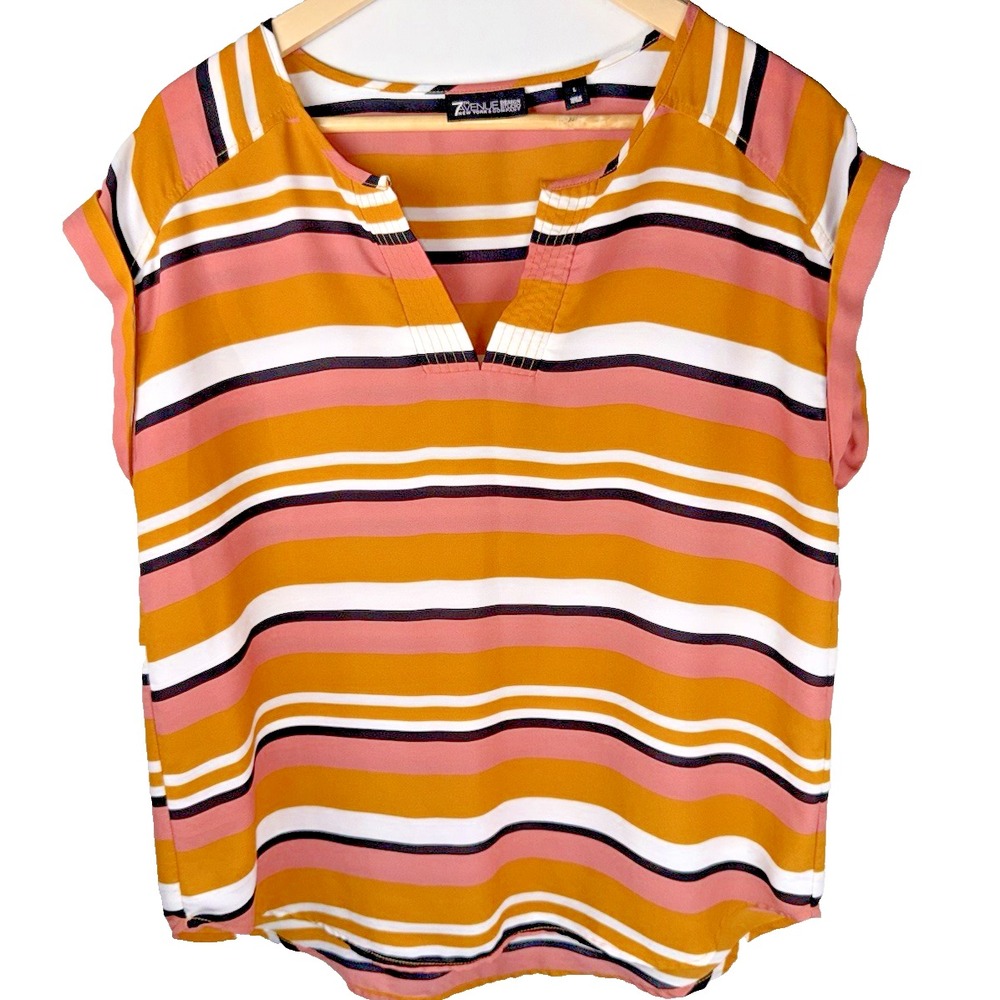 7th Avenue Design Studio Short Sleeve Neutral Stripe Blouse Peasant Womens Large